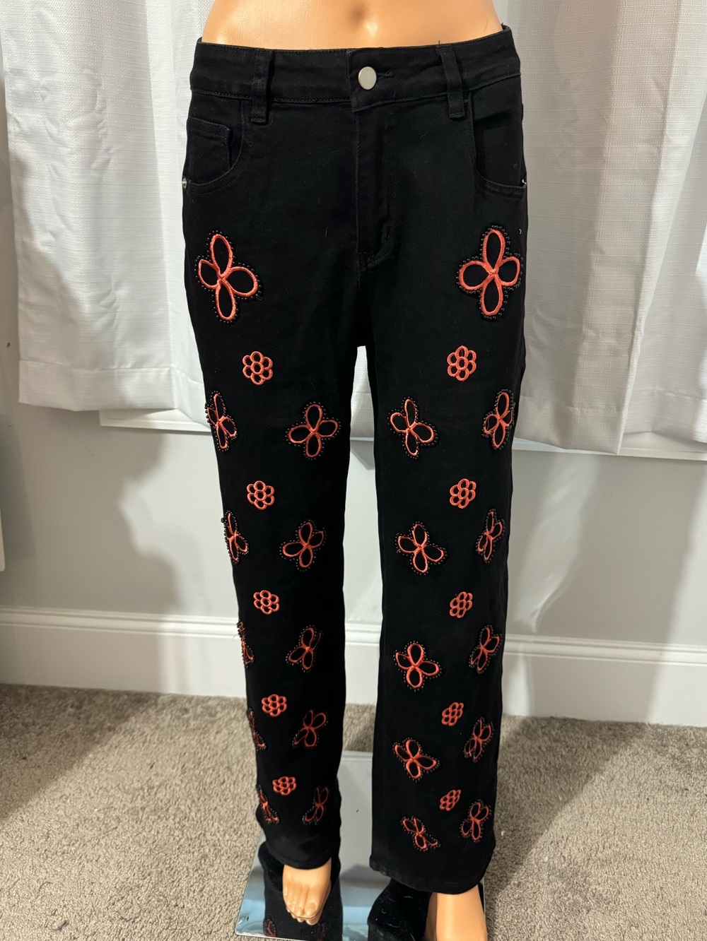 Cool Peekskill size L black straight leg orange embroidered beaded jeans new